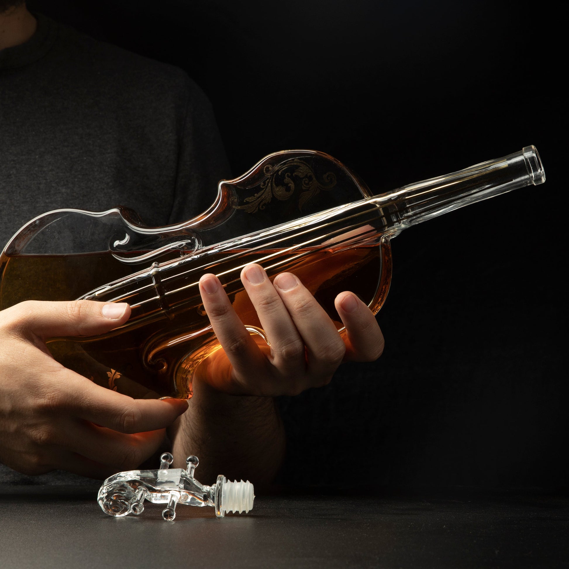 Glass Violin Decanter, Mahogany Base - The Wine Savant 1000 ML Glass Decanter For Whiskey, Scotch, Spirits, Wine Or Vodka For Music Lovers-2